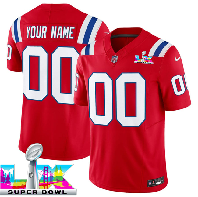 Personalized Men’s New England Patriots Active Player Red 2025 F.U.S.E. Super Bowl LX Patch Limited Stitched Football Jersey
