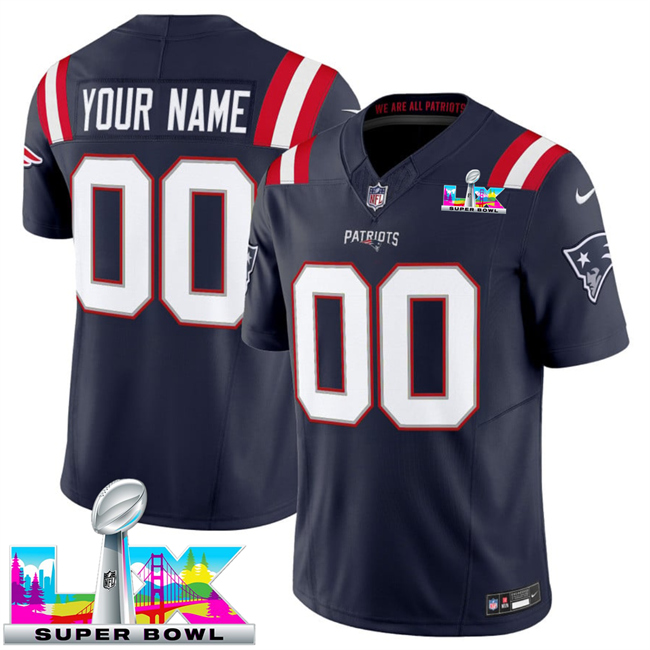 Personalized Men’s New England Patriots Active Player Navy 2025 F.U.S.E. Super Bowl LX Patch Limited Stitched Football Jersey