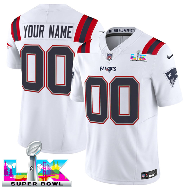Personalized Men’s New England Patriots Active Player White 2025 F.U.S.E. Super Bowl LX Patch Limited Stitched Football Jersey
