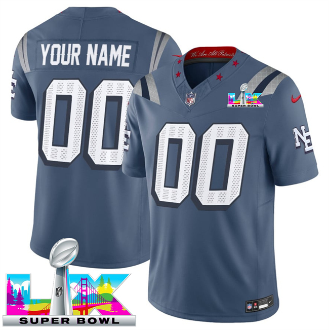 Personalized Men’s New England Patriots Active Player Storm Blue 2025 F.U.S.E. Super Bowl LX Patch Rivalries Limited Stitched Football Jersey