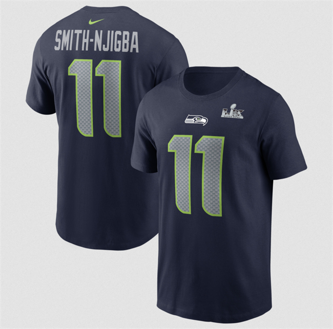 Personalized Men’s Seattle Seahawks #11 Jaxon Smith-Njigba College Navy 2025 Super Bowl LX Patch Name & Number T-Shirt