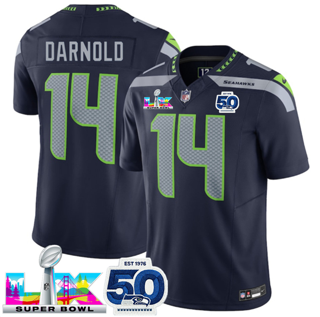 Personalized Men’s Seattle Seahawks #14 Sam Darnold Navy 2025 F.U.S.E. Super Bowl LX Patch And 50th Season Patch Limited Stitched Football Jersey