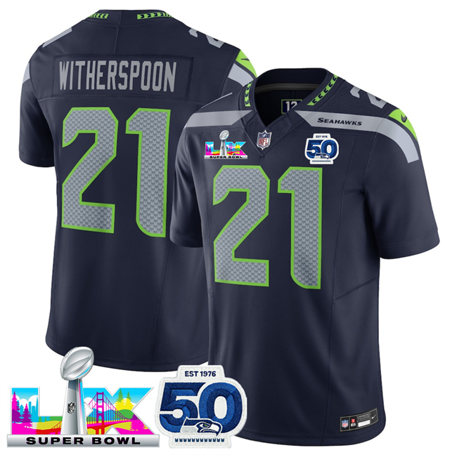 Personalized Men’s Seattle Seahawks #21 Devon Witherspoon Navy 2025 F.U.S.E. Super Bowl LX Patch And 50th Season Patch Limited Stitched Football Jersey