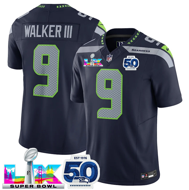 Personalized Men’s Seattle Seahawks #9 Kenneth Walker III Navy 2025 F.U.S.E. Super Bowl LX Patch And 50th Season Patch Limited Stitched Football Jersey