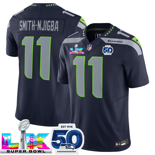 Personalized Men’s Seattle Seahawks #11 Jaxon Smith-Njigba Navy 2025 F.U.S.E. Super Bowl LX Patch And 50th Season Patch Limited Stitched Football Jersey