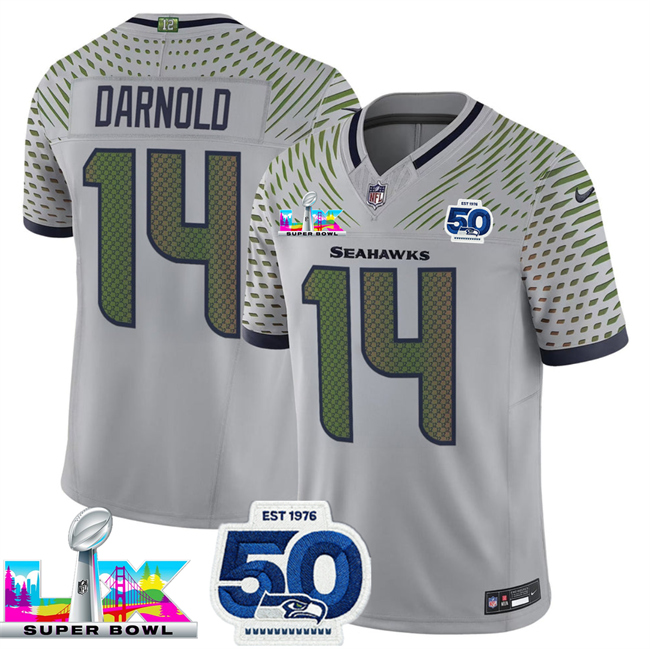 Personalized Men’s Seattle Seahawks #14 Sam Darnold Grey 2025 F.U.S.E. Super Bowl LX Patch And 50th Season Patch Rivalries Limited Stitched Football Jersey