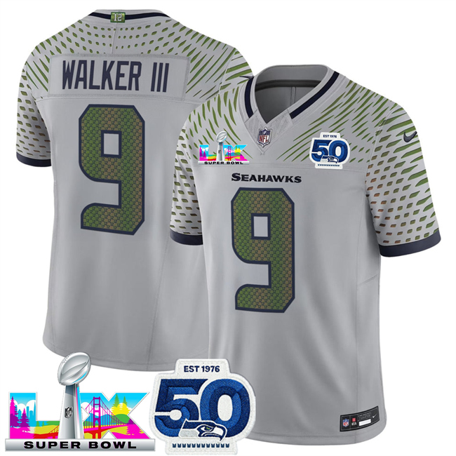 Personalized Men’s Seattle Seahawks #9 Kenneth Walker III Grey 2025 F.U.S.E. Super Bowl LX Patch And 50th Season Patch Rivalries Limited Stitched Football Jersey