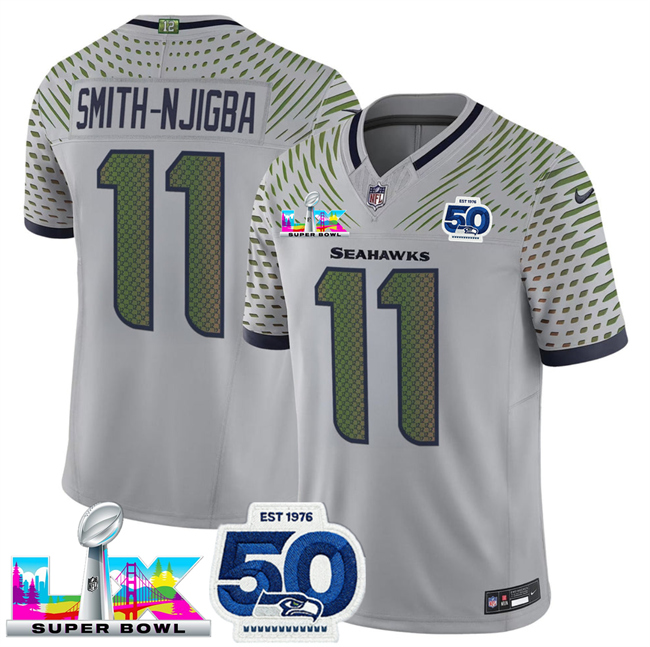 Personalized Men’s Seattle Seahawks #11 Jaxon Smith-Njigba Grey 2025 F.U.S.E. Super Bowl LX Patch And 50th Season Patch Rivalries Limited Stitched Football Jersey
