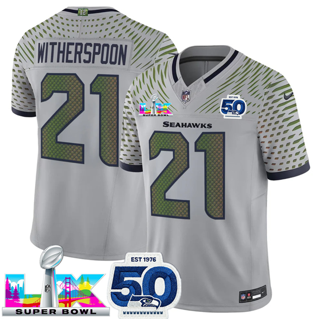 Personalized Men’s Seattle Seahawks #21 Devon Witherspoon Royal 2025 F.U.S.E. Super Bowl LX Patch And 50th Season Patch Rivalries Limited Stitched Football Jersey