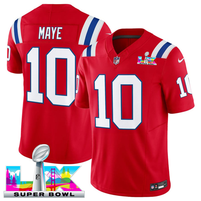 Personalized Men’s New England Patriots #10 Drake Maye Red 2025 F.U.S.E. Super Bowl LX Patch Limited Stitched Football Jersey