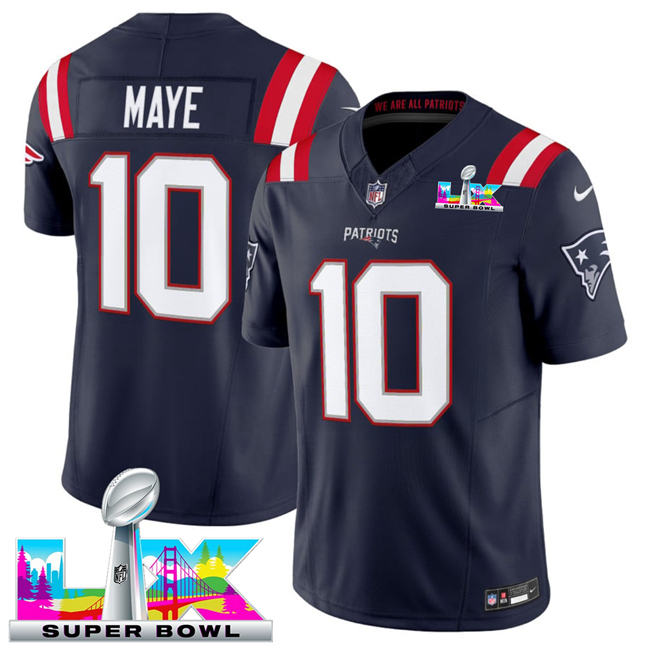 Personalized Men’s New England Patriots #10 Drake Maye Navy 2025 F.U.S.E. Super Bowl LX Patch Limited Stitched Football Jersey