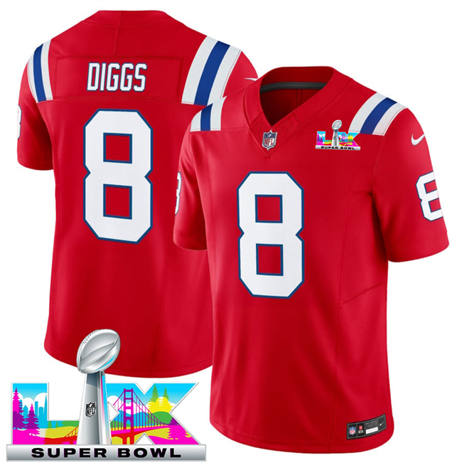 Personalized Men’s New England Patriots #8 Stefon Diggs Red 2025 F.U.S.E. Super Bowl LX Patch Limited Stitched Football Jersey