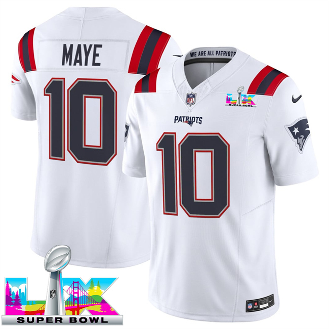 Personalized Men’s New England Patriots #10 Drake Maye White 2025 F.U.S.E. Super Bowl LX Patch Limited Stitched Football Jersey