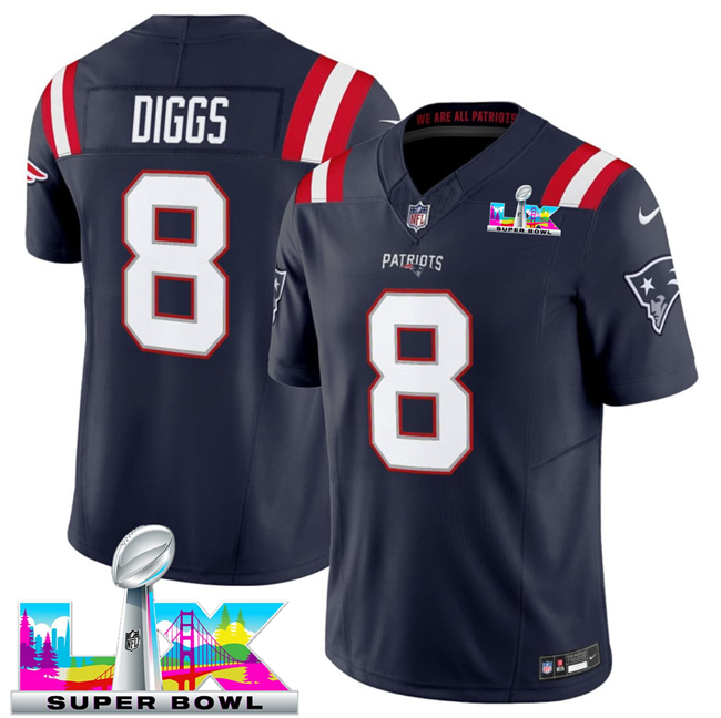Personalized Men’s New England Patriots #8 Stefon Diggs Navy 2025 F.U.S.E. Super Bowl LX Patch Limited Stitched Football Jersey