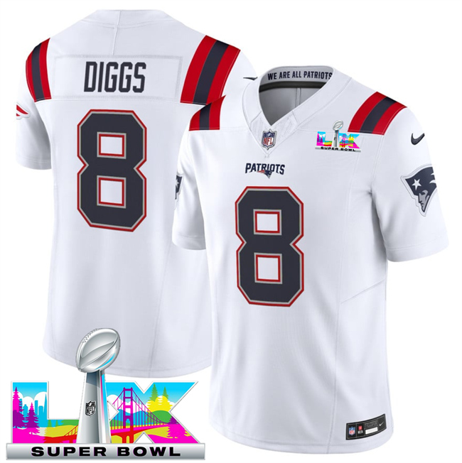 Personalized Men’s New England Patriots #8 Stefon Diggs White 2025 F.U.S.E. Super Bowl LX Patch Limited Stitched Football Jersey