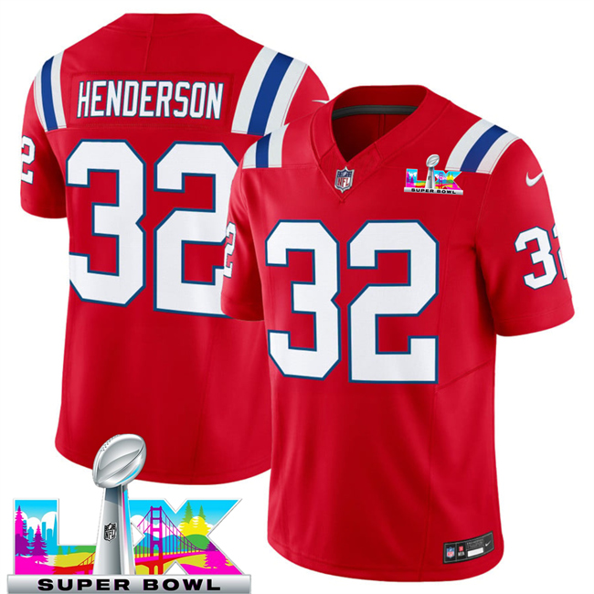Personalized Men’s New England Patriots #32 TreVeyon Henderson Red 2025 F.U.S.E. Super Bowl LX Patch Limited Stitched Football Jersey