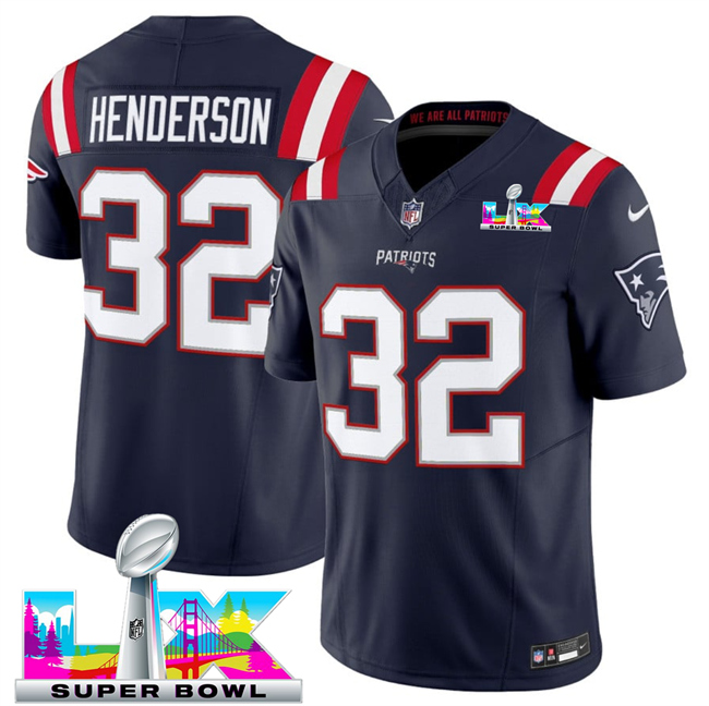 Personalized Men’s New England Patriots #32 TreVeyon Henderson Navy 2025 F.U.S.E. Super Bowl LX Patch Limited Stitched Football Jersey