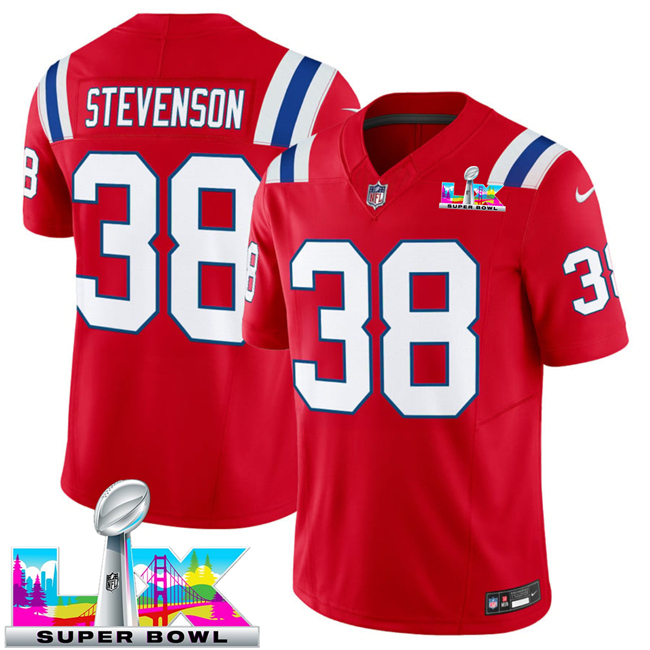 Personalized Men’s New England Patriots #38 Rhamondre Stevenson Red 2025 F.U.S.E. Super Bowl LX Patch Limited Stitched Football Jersey