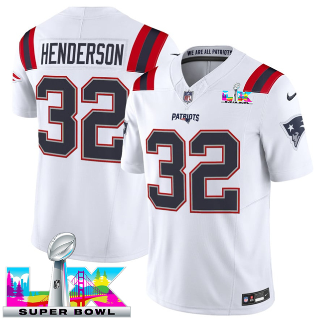 Personalized Men’s New England Patriots #32 TreVeyon Henderson White 2025 F.U.S.E. Super Bowl LX Patch Limited Stitched Football Jersey