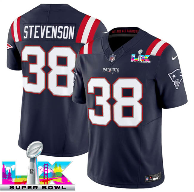 Personalized Men’s New England Patriots #38 Rhamondre Stevenson Navy 2025 F.U.S.E. Super Bowl LX Patch Limited Stitched Football Jersey