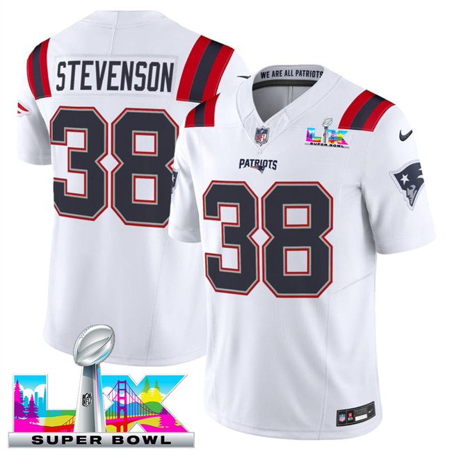 Personalized Men’s New England Patriots #38 Rhamondre Stevenson White 2025 F.U.S.E. Super Bowl LX Patch Limited Stitched Football Jersey