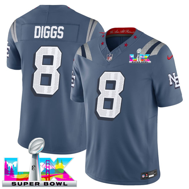 Personalized Men’s New England Patriots #8 Stefon Diggs Storm Blue 2025 F.U.S.E. Super Bowl LX Patch Rivalries Limited Stitched Football Jersey
