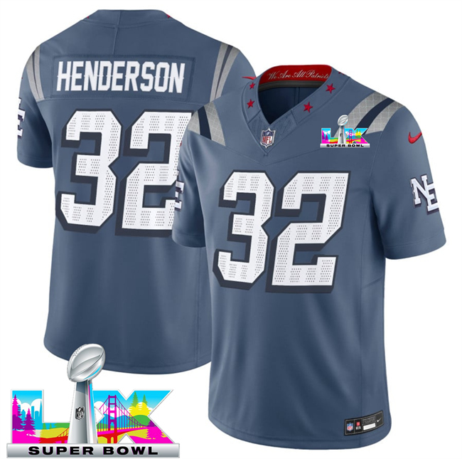 Personalized Men’s New England Patriots #32 TreVeyon Henderson Storm Blue 2025 F.U.S.E. Super Bowl LX Patch Rivalries Limited Stitched Football Jersey
