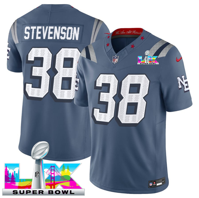 Personalized Men’s New England Patriots #38 Rhamondre Stevenson Storm Blue 2025 F.U.S.E. Super Bowl LX Patch Rivalries Limited Stitched Football Jersey