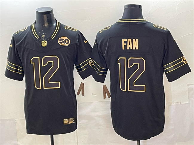 Personalized Men’s Seattle Seahawks #12 Fan Black Gold 2025 F.U.S.E. 50th Season Patch Limited Stitched Football Jersey