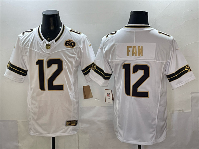 Personalized Men’s Seattle Seahawks #12 Fan White Gold 2025 F.U.S.E. 50th Season Patch Limited Stitched Football Jersey