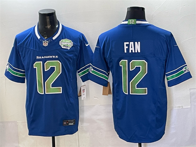 Personalized Men’s Seattle Seahawks #12 Fan Royal F.U.S.E. 2025 NFC West Champions Patch Limited Stitched Football Jersey