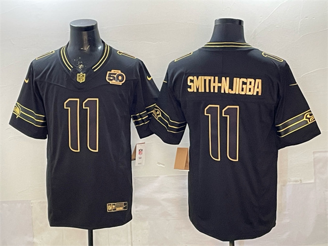 Personalized Men’s Seattle Seahawks #11 Jaxon Smith-Njigba Black Gold 2025 F.U.S.E. 50th Season Patch Limited Stitched Football Jersey