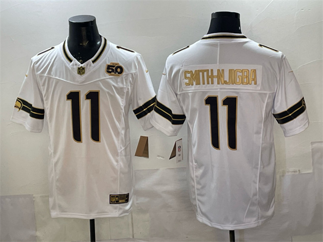 Personalized Men’s Seattle Seahawks #11 Jaxon Smith-Njigba White Gold 2025 F.U.S.E. 50th Season Patch Limited Stitched Football Jersey