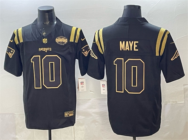 Personalized Men’s New England Patriots #10 Drake Maye Black Gold F.U.S.E. 2025 AFC East Championship Patch Limited Stitched Football Jersey