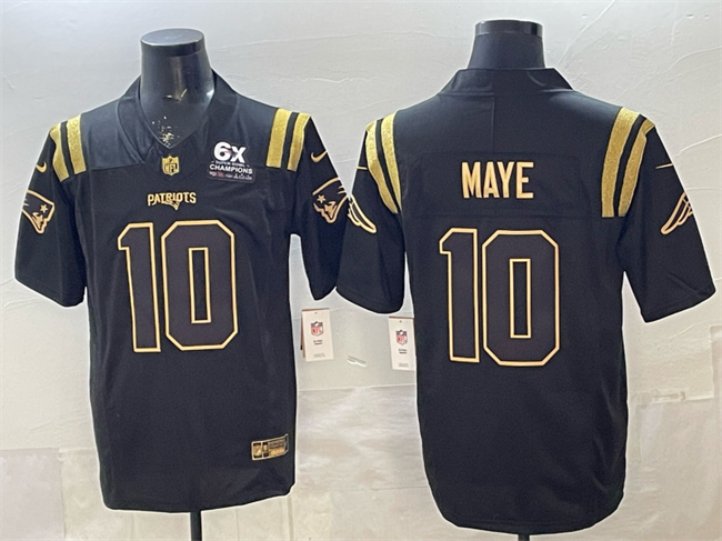 Personalized Men’s New England Patriots #10 Drake Maye Black Gold 2025 F.U.S.E. With 6x Super Bowl Champions Patch Limited Stitched Football Jersey