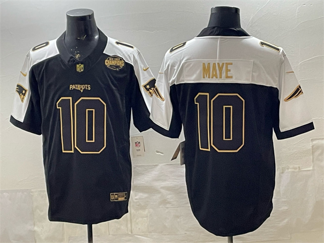 Personalized Men’s New England Patriots #10 Drake Maye Black Alternate Gold F.U.S.E. 2025 AFC East Championship Patch Limited Stitched Football Jersey