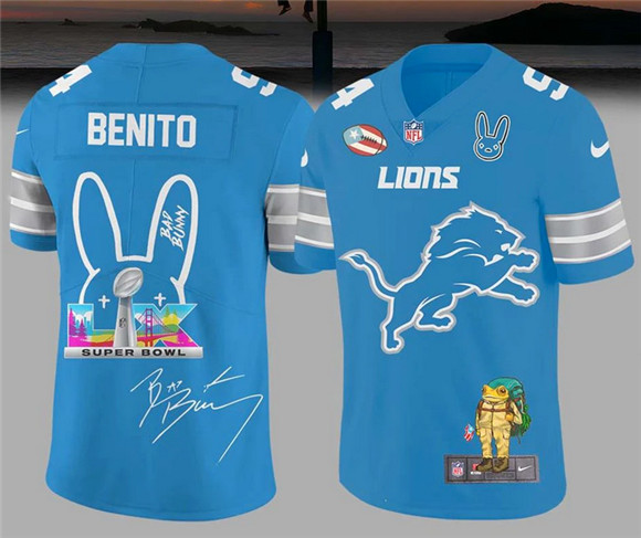 Personalized Men’s Detroit Lions Blue Bad Bunny Super Bowl Football Jersey