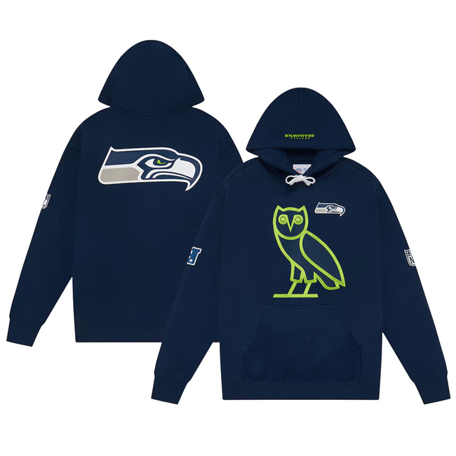 Personalized Men’s Seattle Seahawks Navy OVO Scarlet Icon Team Pullover Hoodie