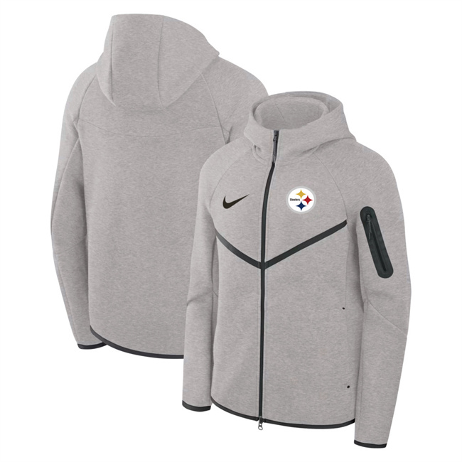 Personalized Men’s Pittsburgh Steelers Gray Tech Fleece Full-Zip Windrunner Hoodie