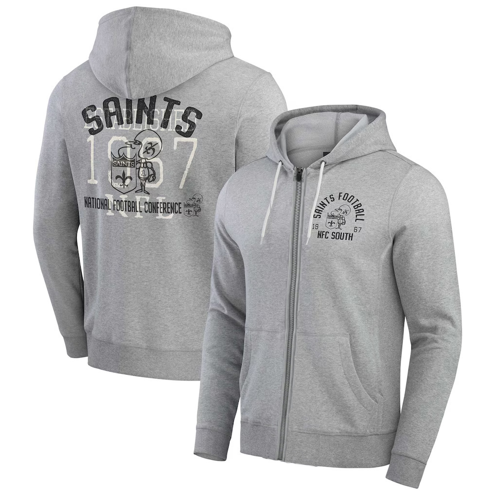Personalized Men’s New Orleans Saints Heather Gray Vintage Stripe Full-Zip Hoodie