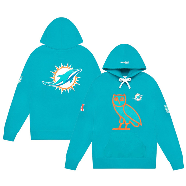 Personalized Men’s Miami Dolphins Aqua OVO Scarlet Icon Team Pullover Hoodie