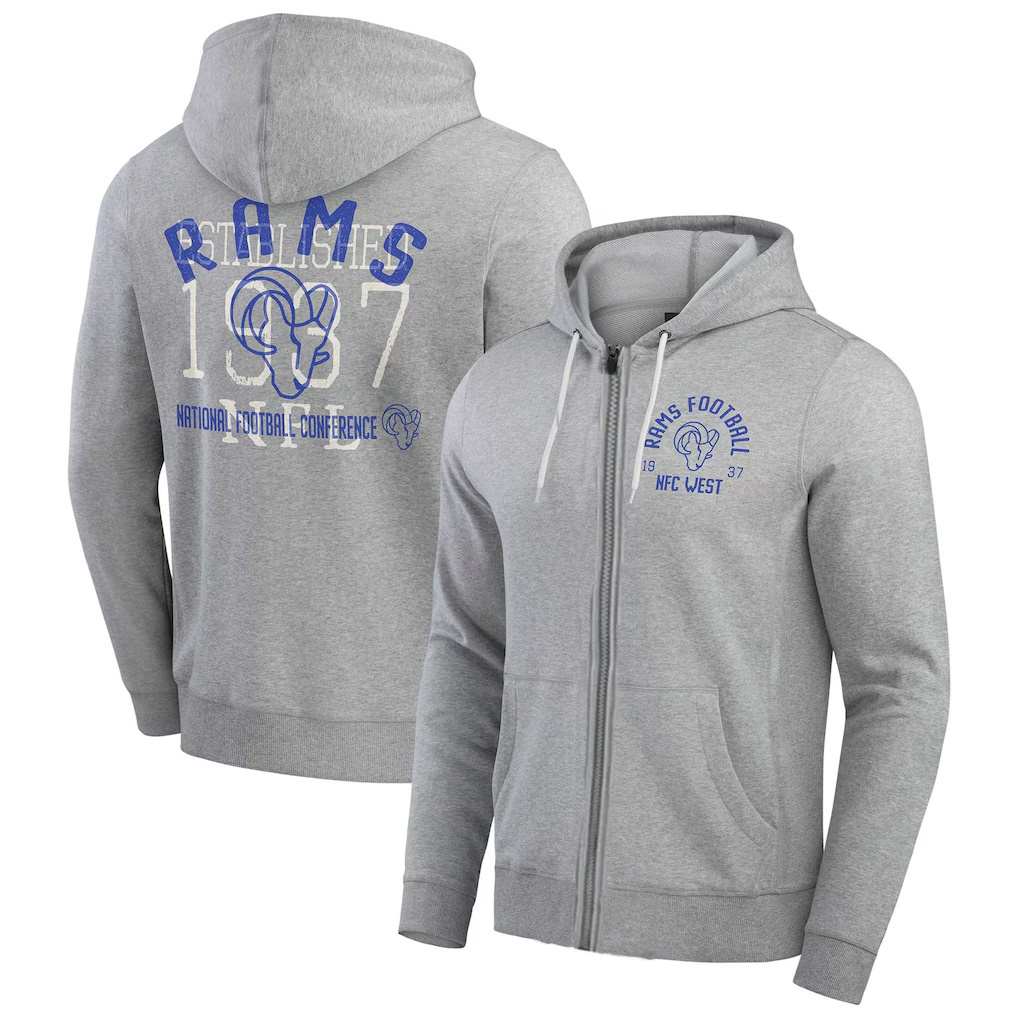 Personalized Men’s Los Angeles Rams Heather Gray Vintage Stripe Full-Zip Hoodie