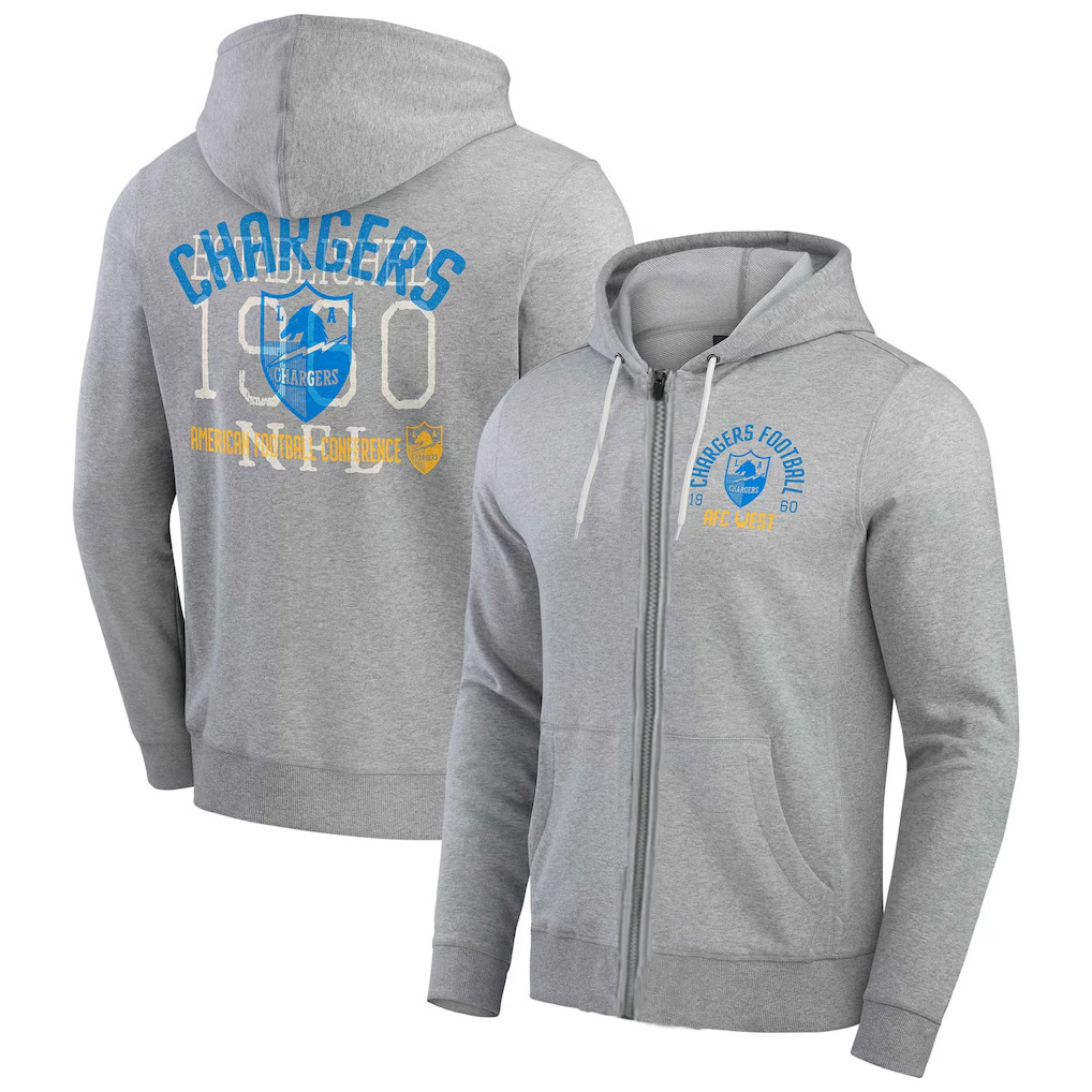 Personalized Men’s Los Angeles Chargers Heather Gray Vintage Stripe Full-Zip Hoodie
