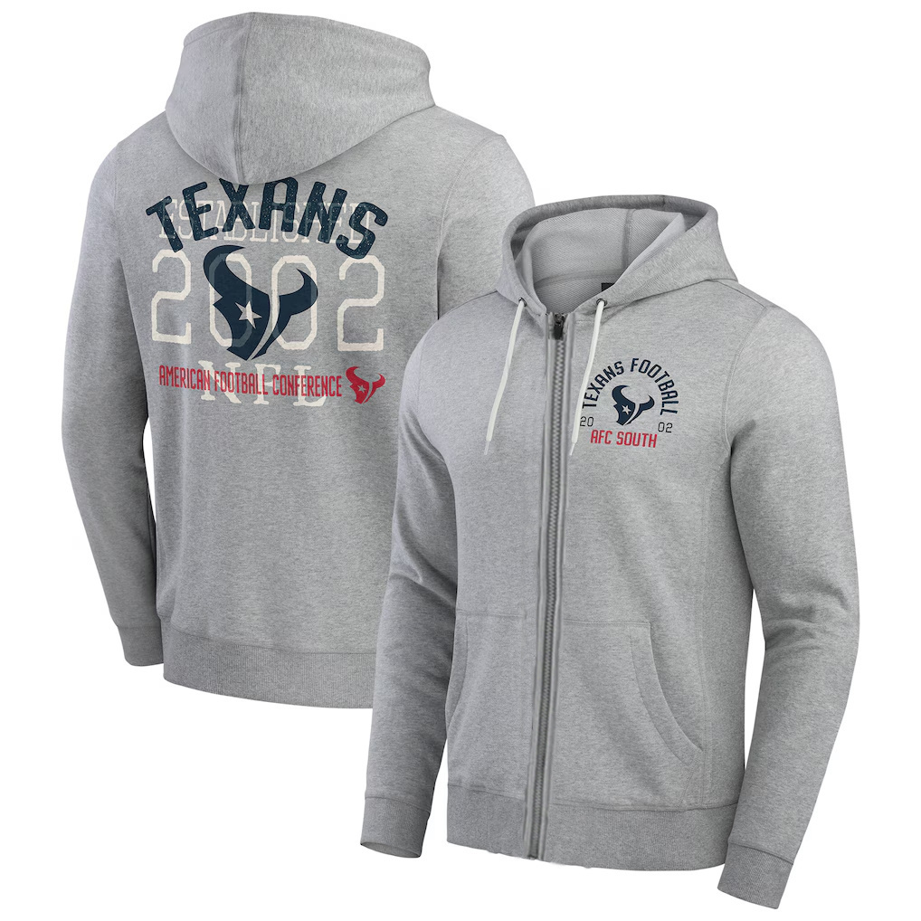 Personalized Men’s Houston Texans Heather Gray Vintage Stripe Full-Zip Hoodie