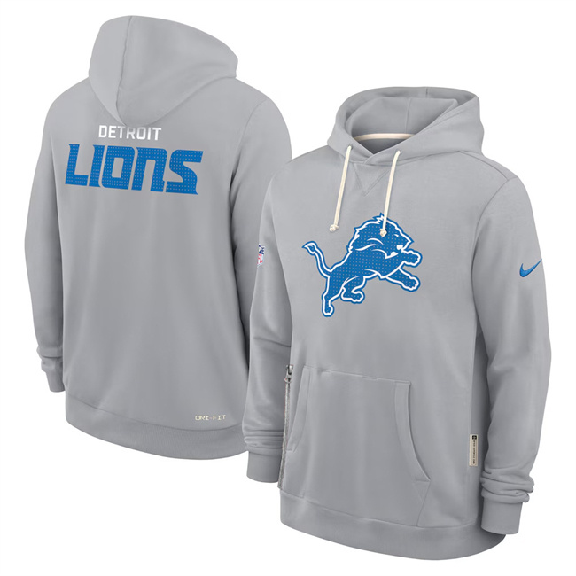 Personalized Men’s Detroit Lions Grey Sideline Standard Issue Initial Home Dri-FIT Pullover Hoodie