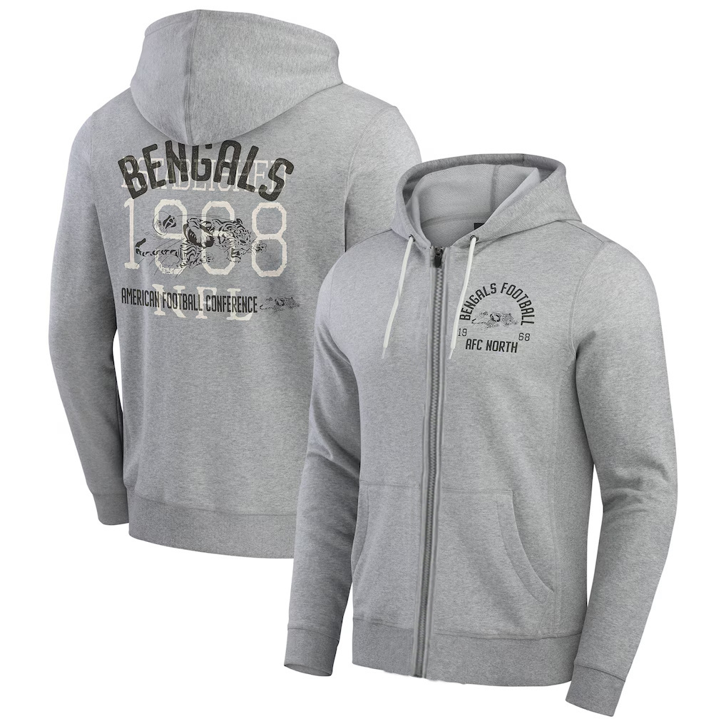 Personalized Men’s Cincinnati Bengals Heather Gray Vintage Stripe Full-Zip Hoodie