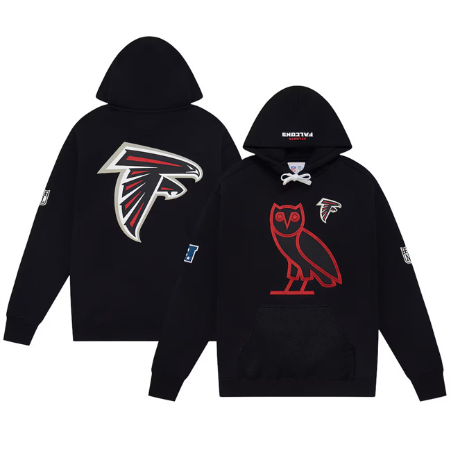 Personalized Men’s Atlanta Falcons Black OVO Scarlet Icon Team Pullover Hoodie