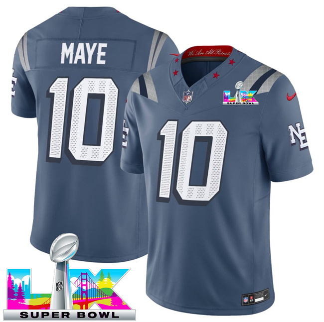 Personalized Women’s New England Patriots #10 Drake Maye Storm Blue 2025 F.U.S.E. Super Bowl LX Patch Rivalries Limited Stitched Football Jersey(Run Small)