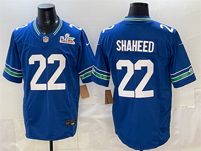 Personalized Men’s Seattle Seahawks #22 Rashid Shaheed Royal 2025 F.U.S.E. Super Bowl LX Patch Throwback Limited Stitched Football Jersey