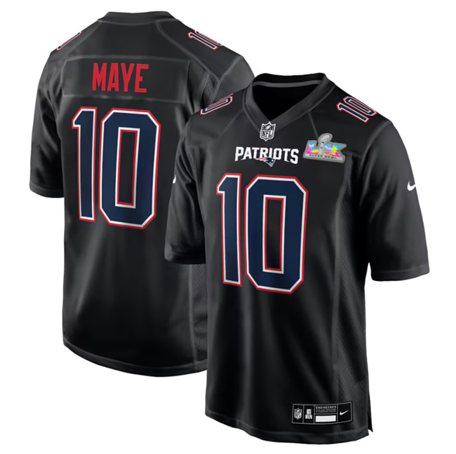 Personalized Men’s New England Patriots #10 Drake Maye Black 2025 Super Bowl LX Patch Carbon Fashion Stitched Game Jersey